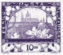 Первая чехословацкая марка 1918 года, разработанная Альфонсом Мухой, изображает заход Солнца над собором св. Вита в день летнего солнцестояния