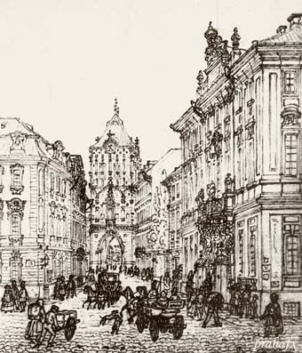 Прага. Целетна улица и Пороховые ворота. 1840