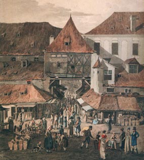 Прага. Ворота между Большими (слева) и Малыми (справа) Котцами над осью Сирковой, ныне Мелантриховой улицей. 1820